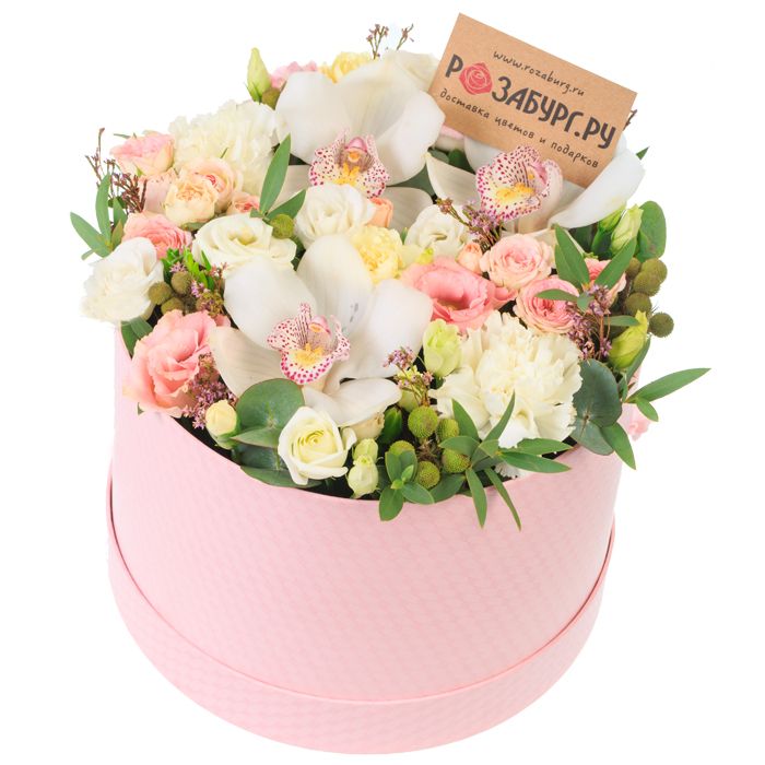Шляпная коробка с орхидеей, эустомой и кустовыми розами